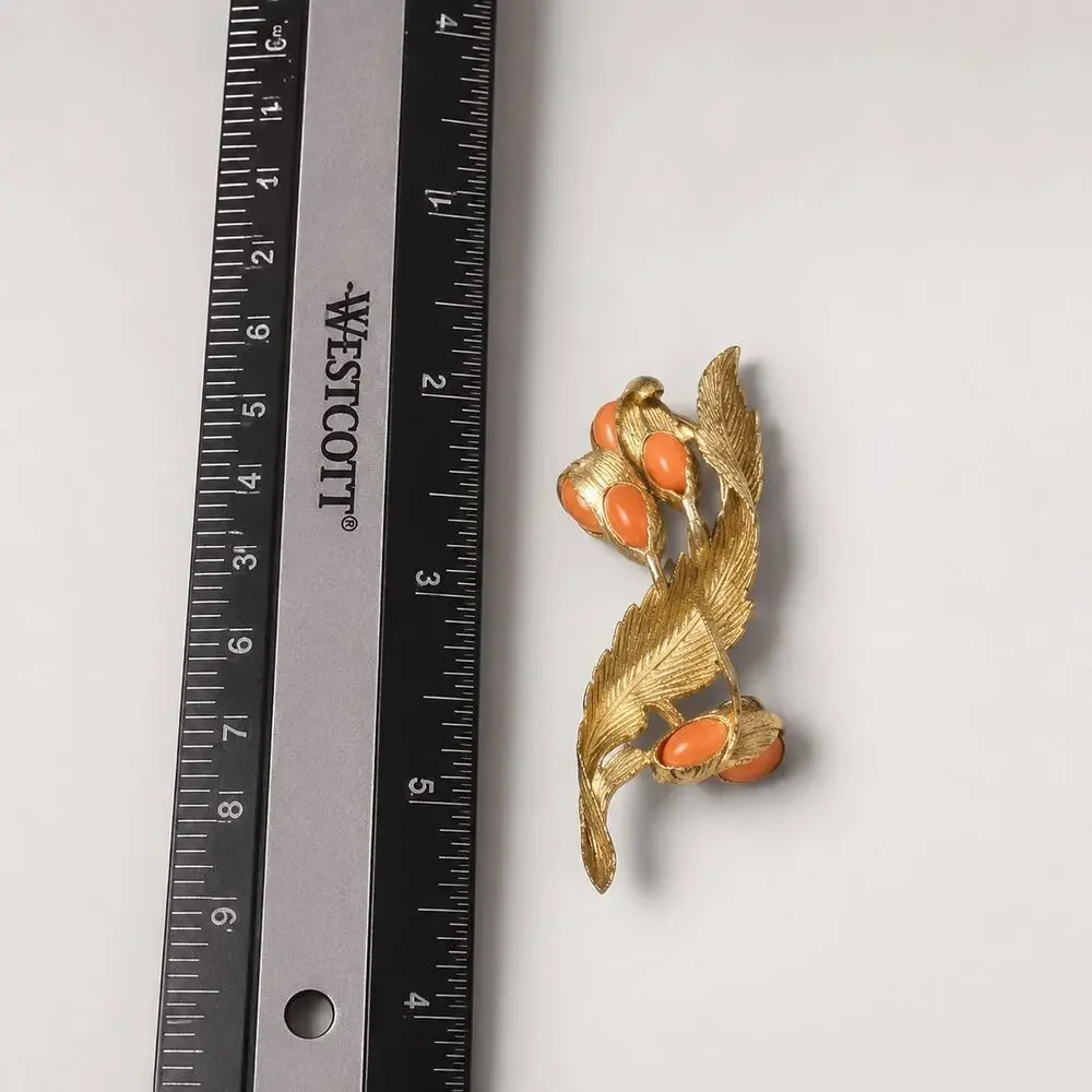 Vintage Sarah Coventry Brooch Pin Gold Tone Orange Lucite Floral Large 3.5